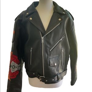 Leather Jacket, Black Classic Biker Harley Davison Style. HD embroidered.